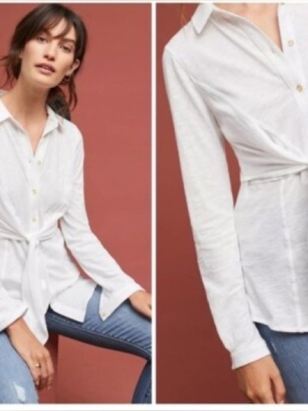 Anthropologie HD in Paris Tie-Front White Button Down Blouse 100% Cotton Size 10